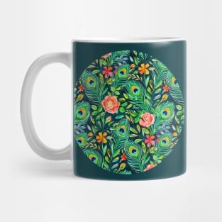 Peacock Feather Posies on dark Mug